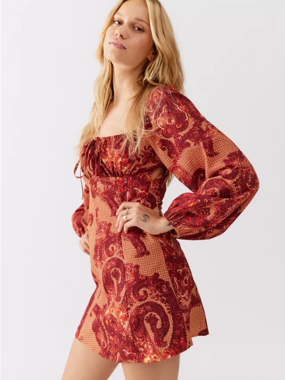 UO Vivienne Printed Long Sleeve Mini Dress Paisley Large - Picture 3 of 5